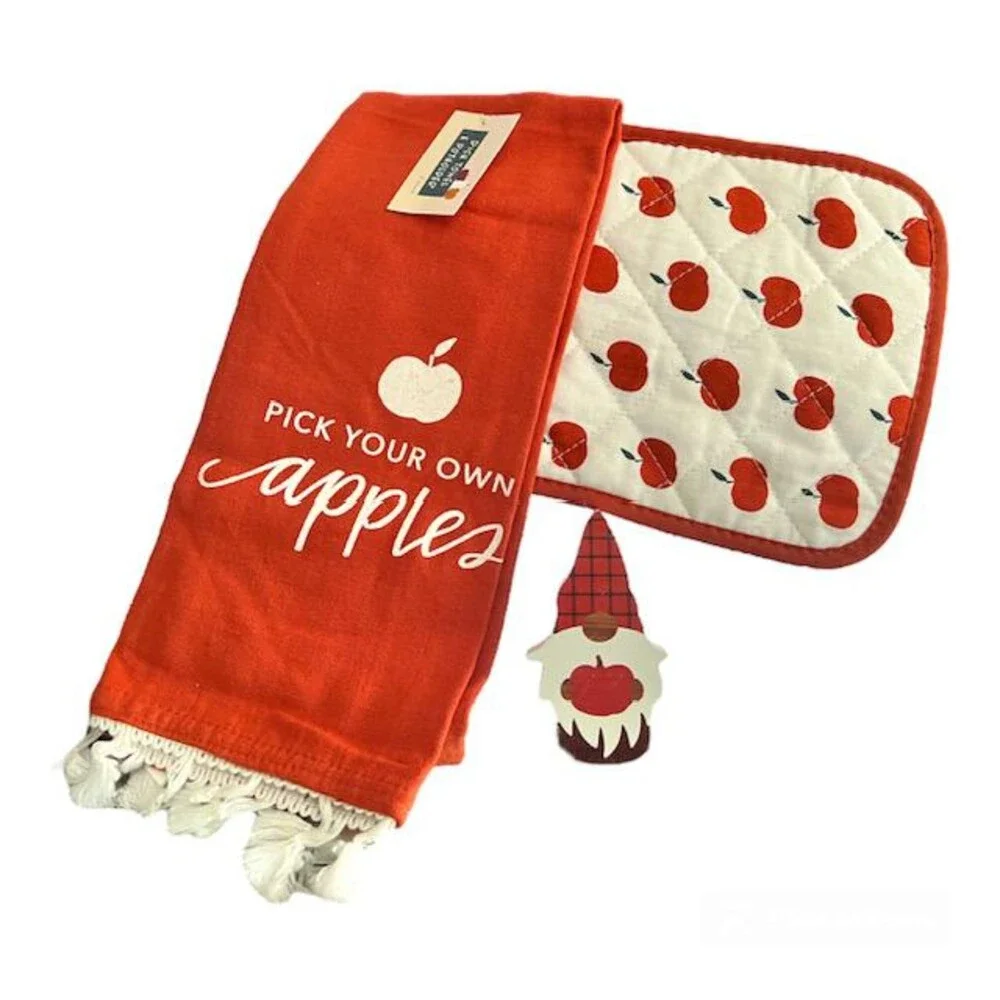 Fall PICK YOUR OWN APPLES Kitchen Towel,  Pot Holder & Gnome Set NEW Fall Colors